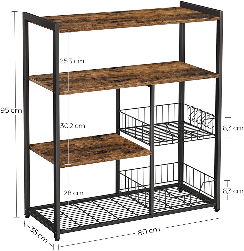 Baker's Rack Kitchen Island with 2 Metal Mesh Baskets Shelves and Hooks Industrial Style Rustic Brown