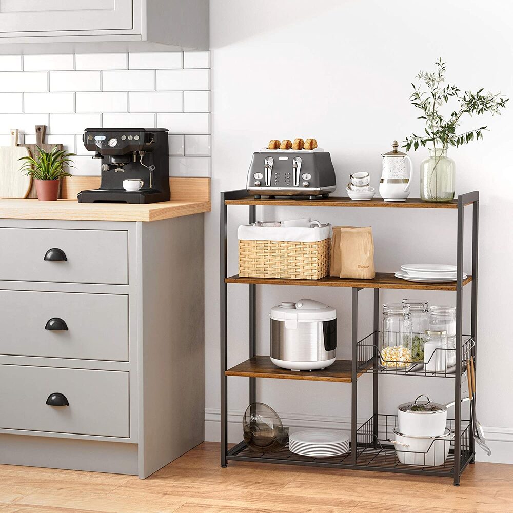 Baker's Rack Kitchen Island with 2 Metal Mesh Baskets Shelves and Hooks Industrial Style Rustic Brown