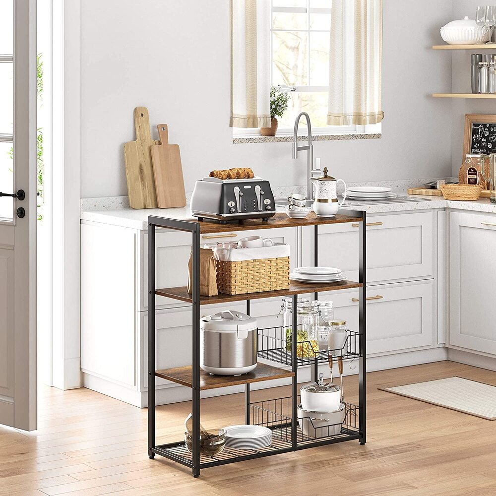 Baker's Rack Kitchen Island with 2 Metal Mesh Baskets Shelves and Hooks Industrial Style Rustic Brown