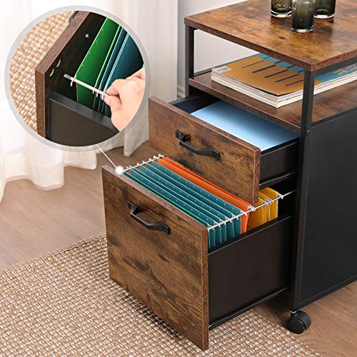 File Cabinet with 2 Drawers Rolling Office Filing Cabinet with Wheels and Open Compartment Rustic Brown and Black