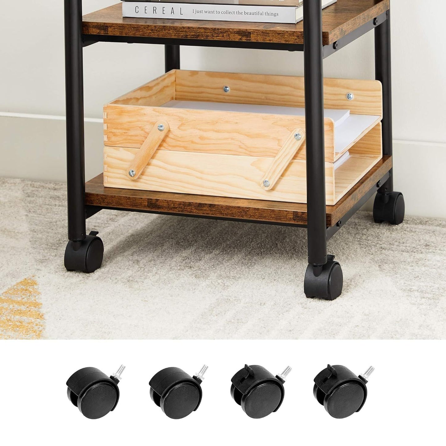 3-Tier Machine Cart with Wheels and Adjustable Table Top Rustic Brown and Black