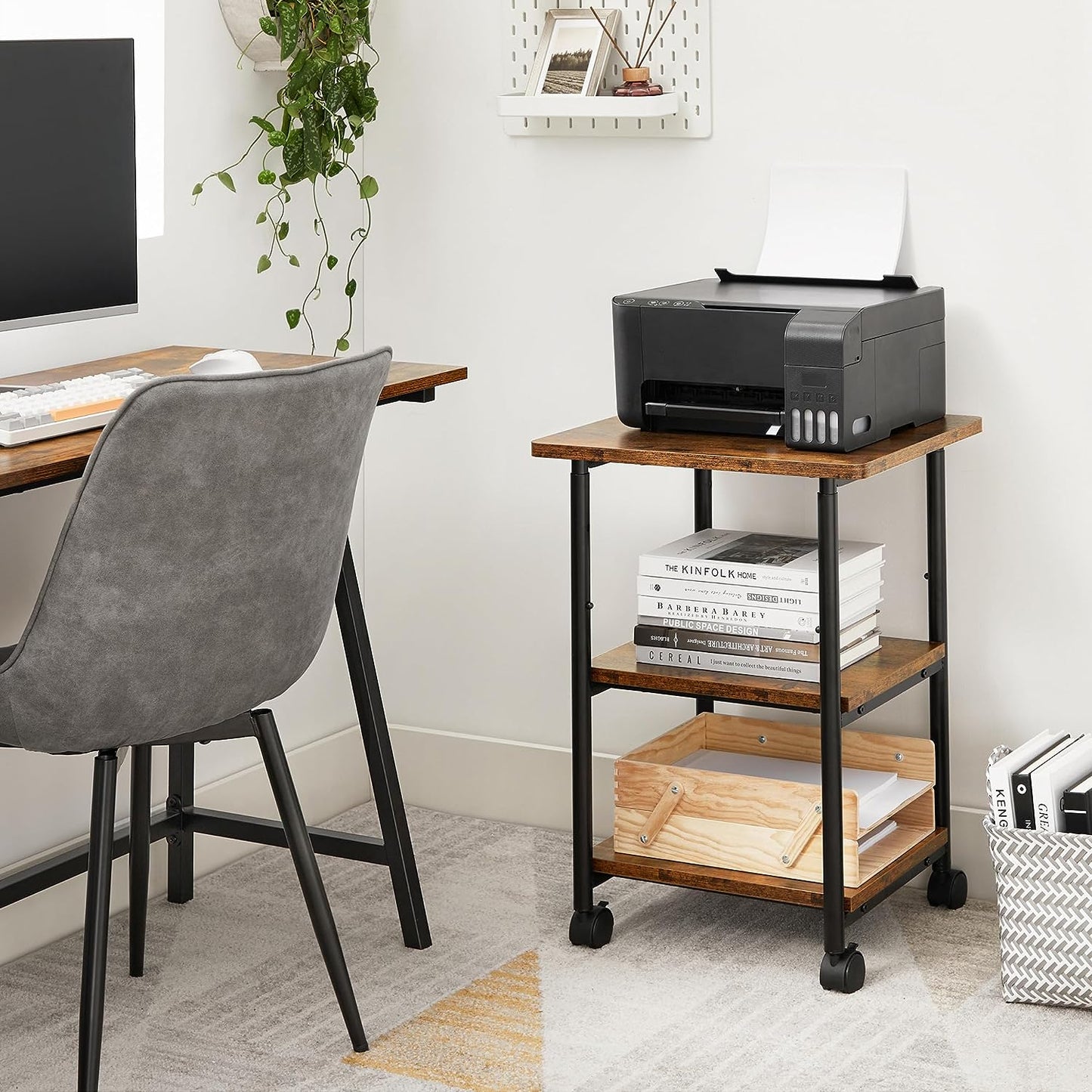 3-Tier Machine Cart with Wheels and Adjustable Table Top Rustic Brown and Black