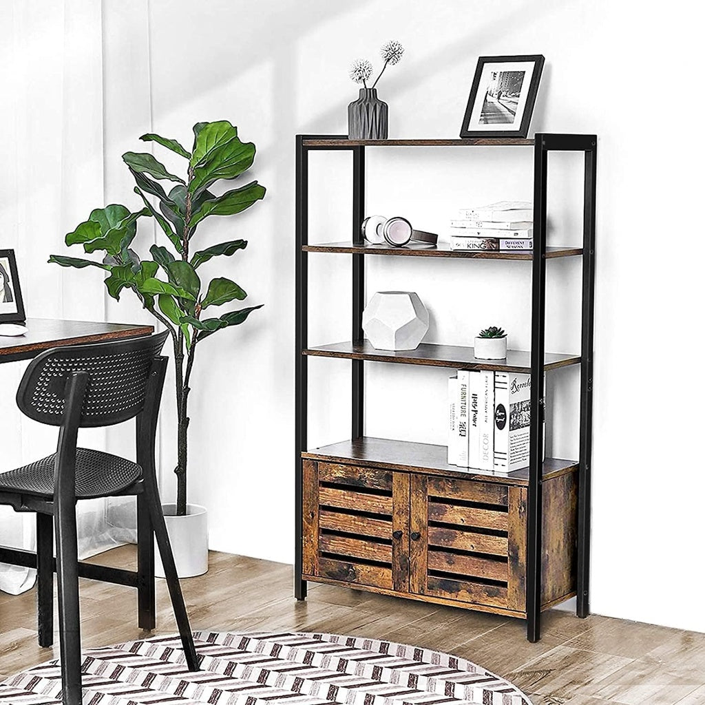 Bookcase Floor Standing Storage Cabinet and Cupboard with 2 Louvred Doors and 3 Shelves Bookshelf Rustic Brown