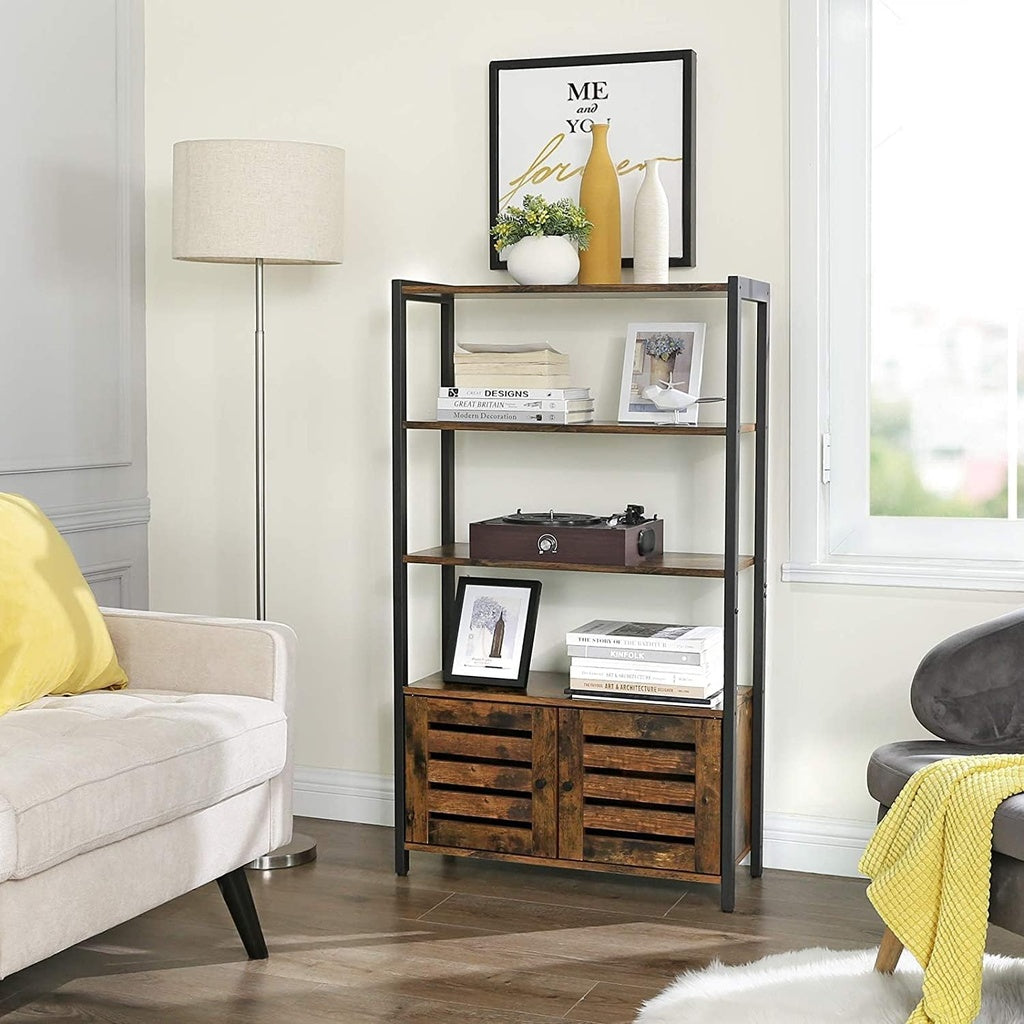 Bookcase Floor Standing Storage Cabinet and Cupboard with 2 Louvred Doors and 3 Shelves Bookshelf Rustic Brown