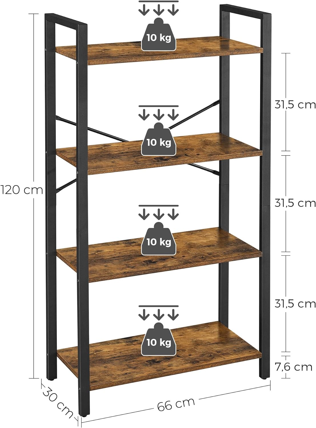 4-Tier Bookshelf Storage Rack with Steel Frame for Living Room Office Study Hallway Industrial Style Rustic Brown and Black