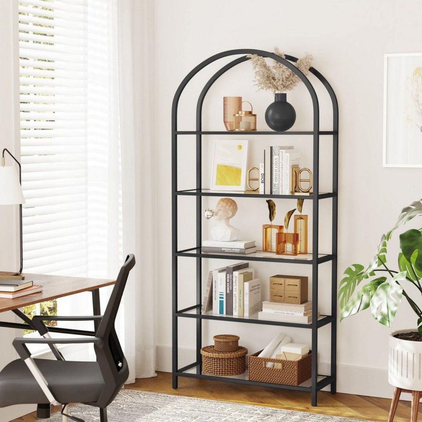 Bookshelf 5 Tier Tempered Glass with Metal Frame Black