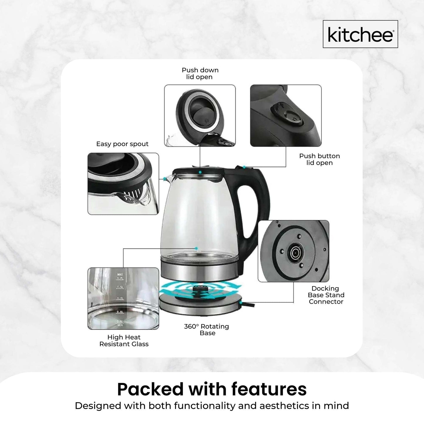 1.7L Electric Glass Kettle LED Blue Light 360 Automatic Cordless Water Boiling Jug