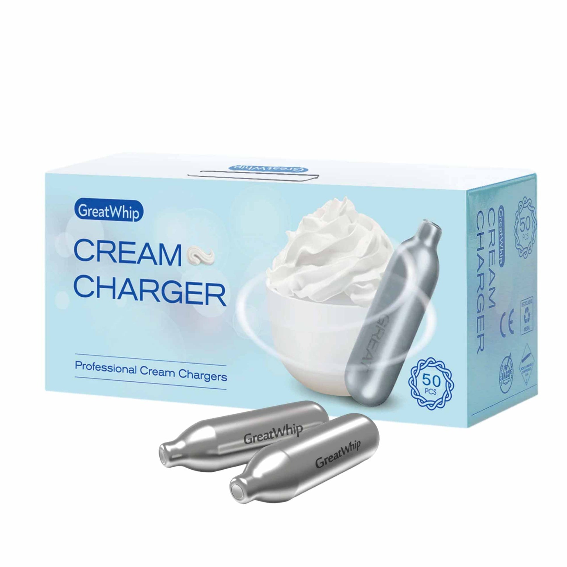 100x Cream Chargers - GreatWhip NO2 Nitrous Oxide Food Use Whip Bulb Canisters