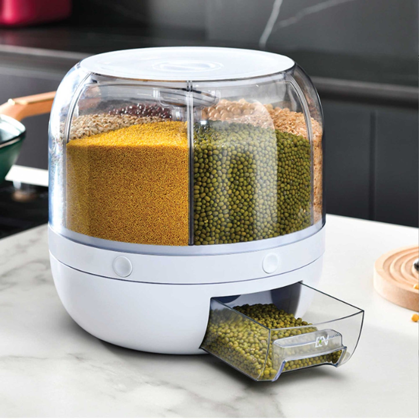 Food Grain Dispenser 6-Grid Rotating 3.6L Compartment Storage Container