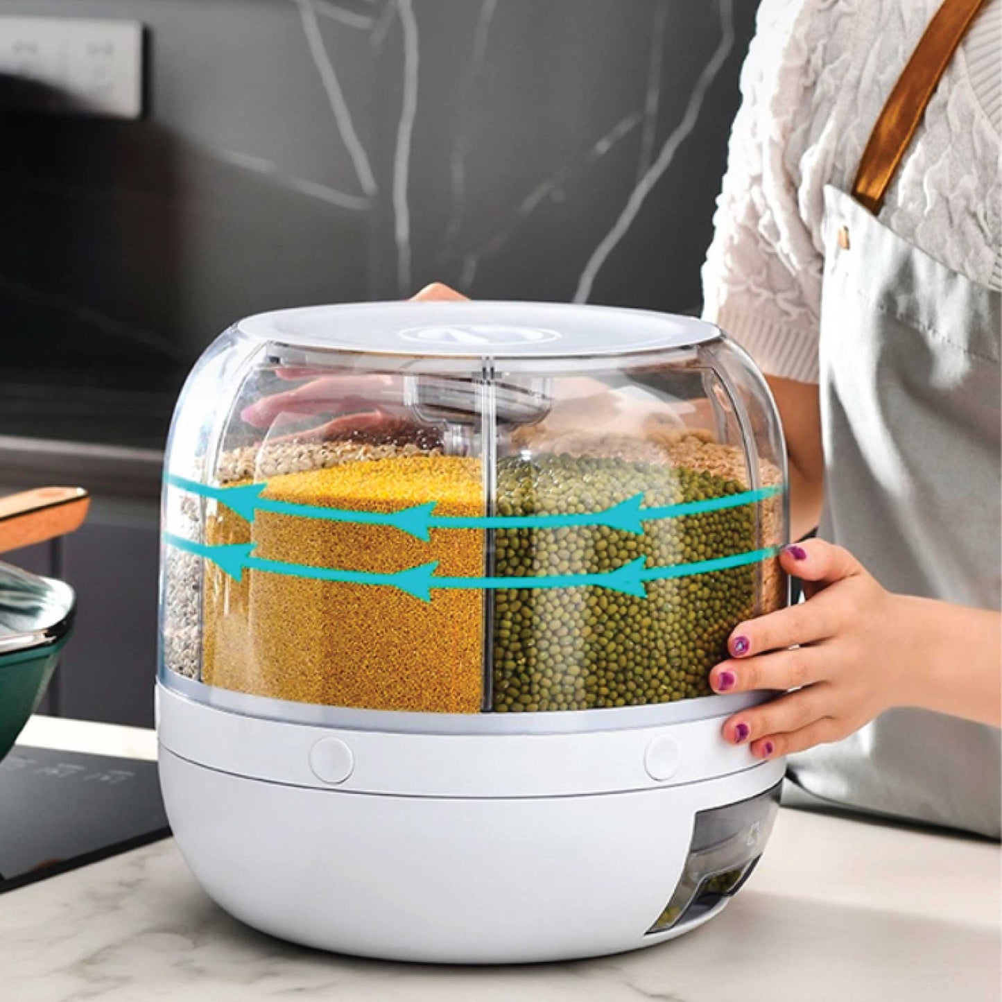 Food Grain Dispenser 6-Grid Rotating 3.6L Compartment Storage Container