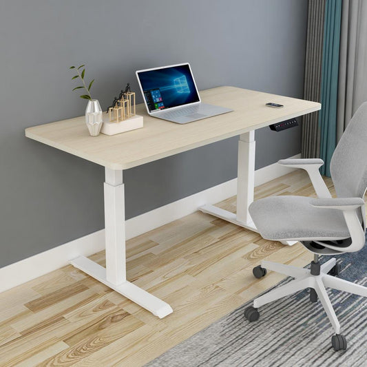 140cm Standing Desk Height Adjustable Sit Stand Motorised White Dual Motors Frame Maple Top