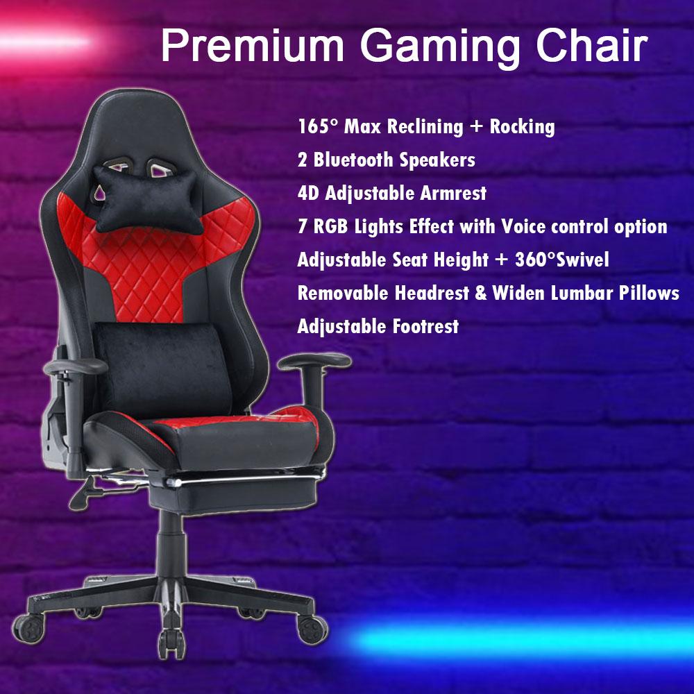 7 RGB Lights Bluetooth Speaker Gaming Chair Ergonomic Racing chair 165¬∞ Reclining Gaming Seat 4D Armrest Footrest Black Red