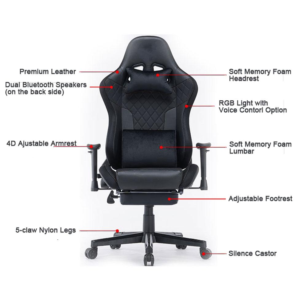 7 RGB Lights Bluetooth Speaker Gaming Chair Ergonomic Racing chair 165¬∞ Reclining Gaming Seat 4D Armrest Footrest Black Red