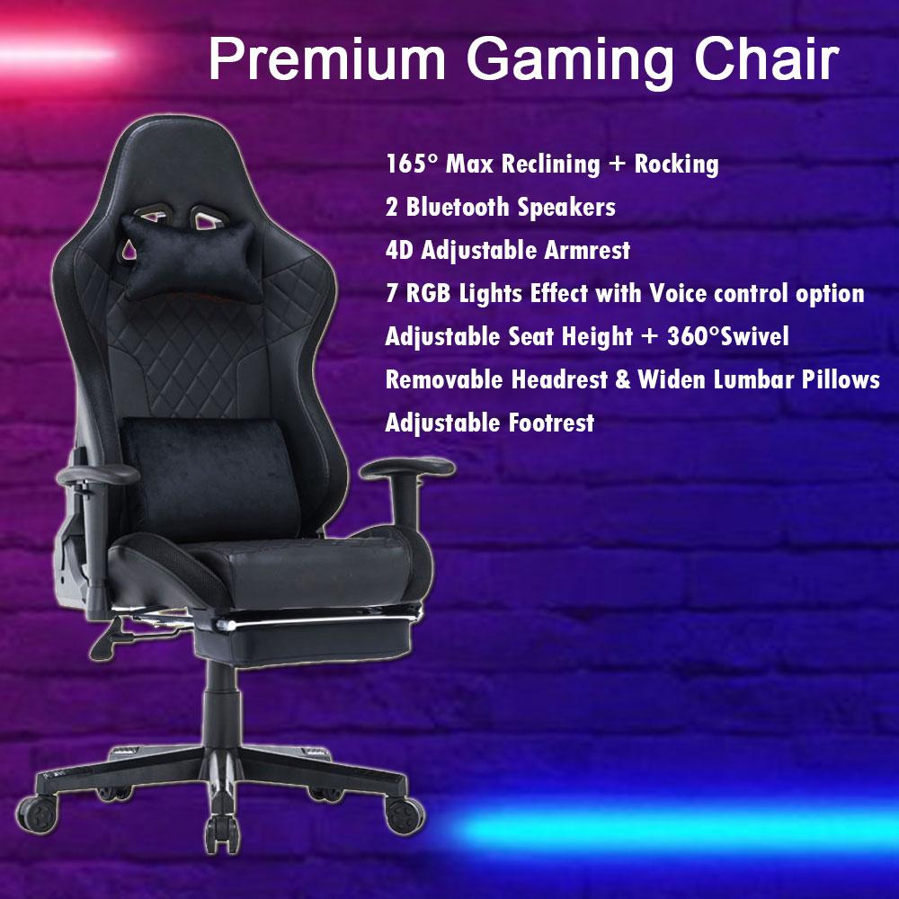 7 RGB Lights Bluetooth Speaker Gaming Chair Ergonomic Racing chair 165¬∞ Reclining Gaming Seat 4D Armrest Footrest Black Red