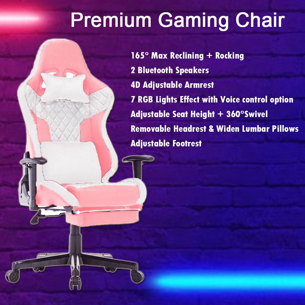 7 RGB Lights Bluetooth Speaker Gaming Chair Ergonomic Racing chair 165¬∞ Reclining Gaming Seat 4D Armrest Footrest Black Red