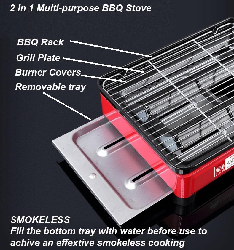 Portable Gas Stove Burner Butane BBQ Camping Gas Cooker With Non Stick Plate Red with Fish Pan and Lid