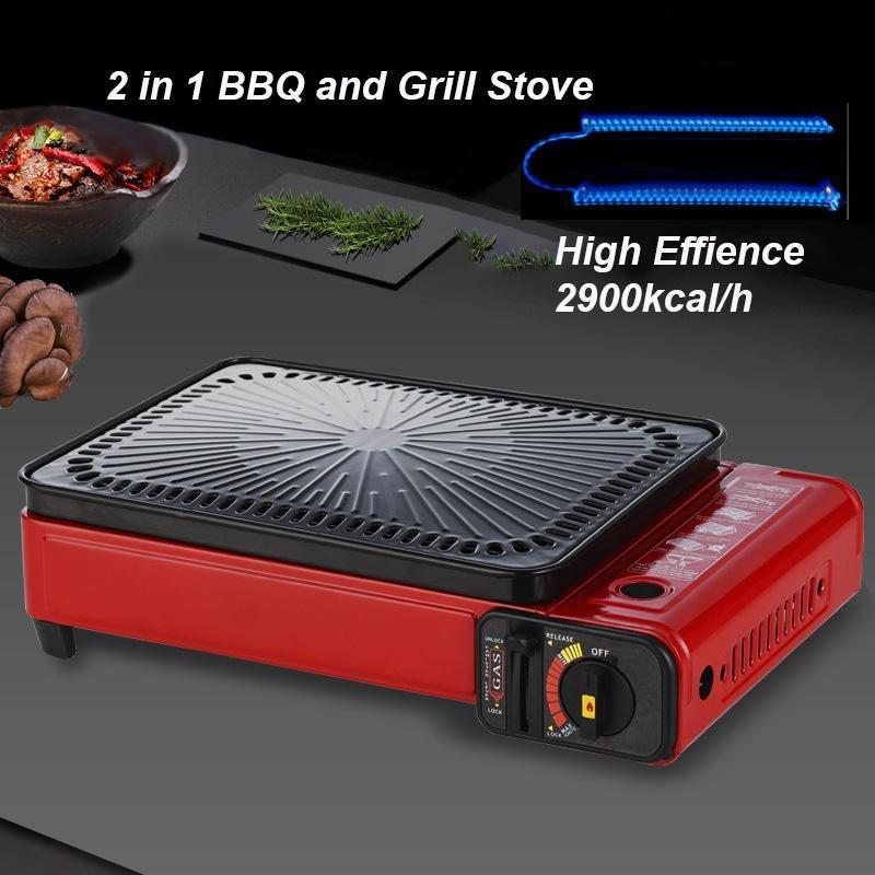 Portable Gas Stove Burner Butane BBQ Camping Gas Cooker With Non Stick Plate Red