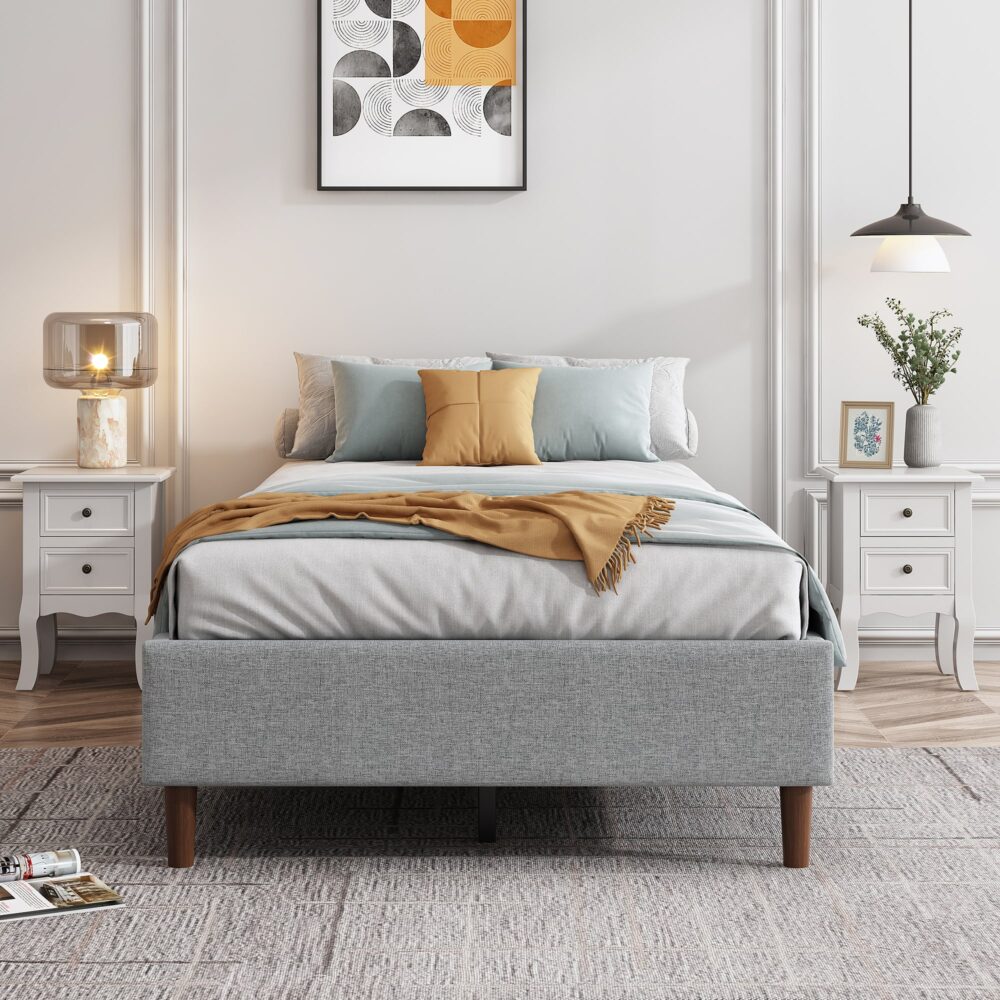 Bedframe with Wooden Slats (Light Grey) ‚Äì Queen