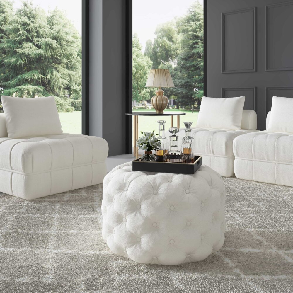 Boucl√© White Ottoman-Round