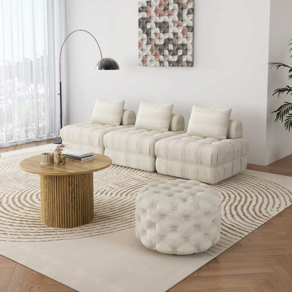 Boucl√© White Ottoman-Round