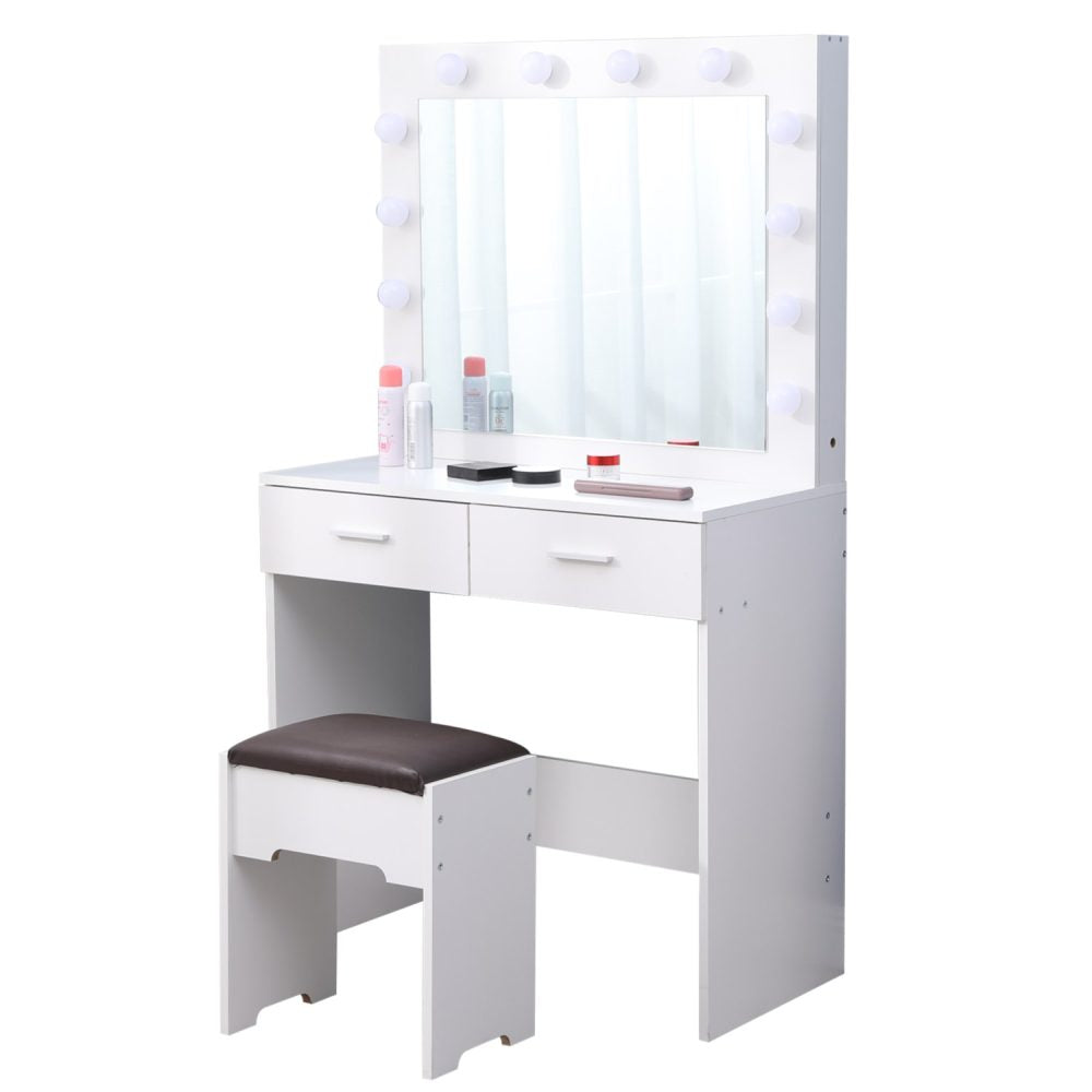 Fidel Vanity Set with Cushioned Stool and Lighted Mirror- White