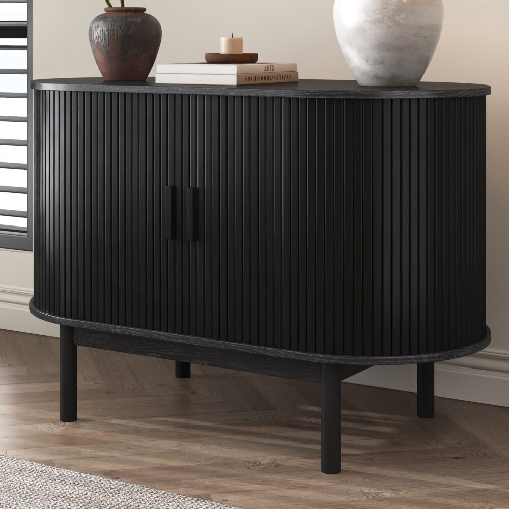 Mid-Century Black Ribbed Sideboard Cabinet