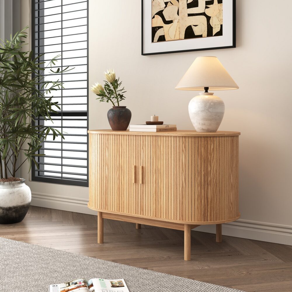 Natural Wood Ribbed Sideboard Cabinet