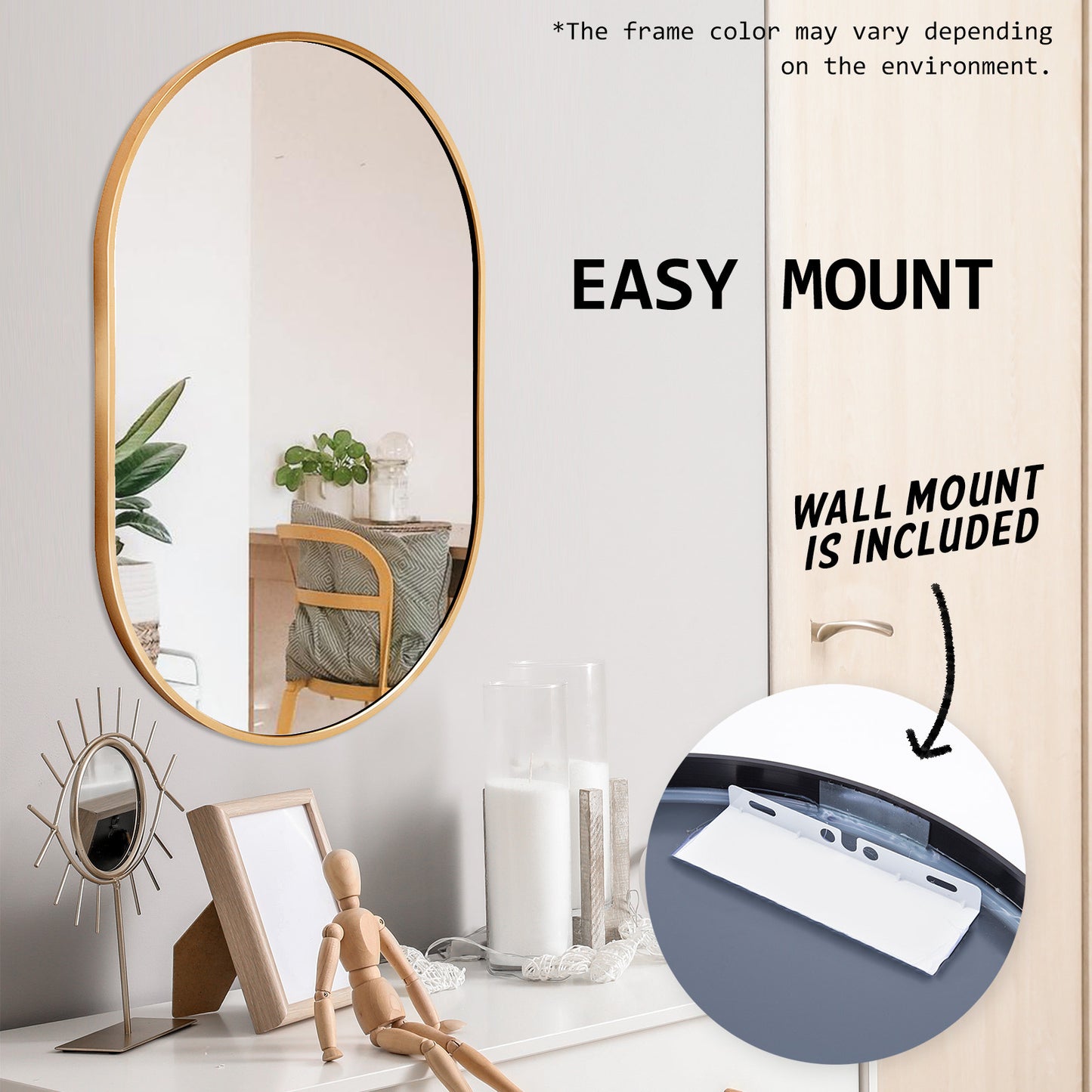 2 Set Wall Mirror Oval Aluminum Frame Bathroom 50x75cm GOLD