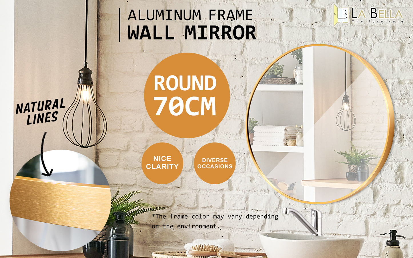 2 Set Wall Mirror Round Aluminum Frame Bathroom 70cm GOLD