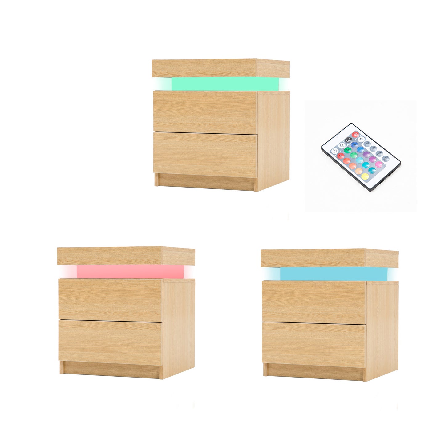 Bedside Table 2 Drawers RGB LED Bedroom Cabinet Nightstand Gloss AURORA OAK