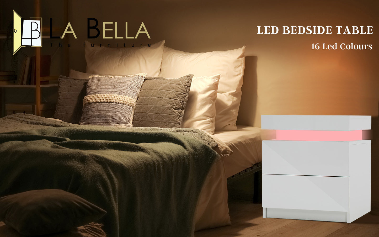 Bedside Table 2 Drawers RGB LED Bedroom Cabinet Nightstand Gloss AURORA WHITE