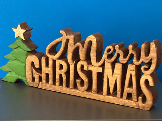 Wooden carved Merry Christmas decoration 38 cm long with Tree and Star