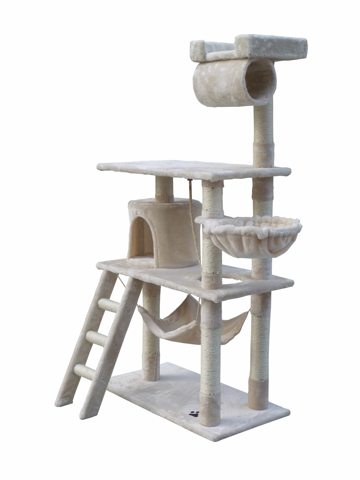 140 cm Cat Scratching Post Tree W ladder & Hammock-Beige