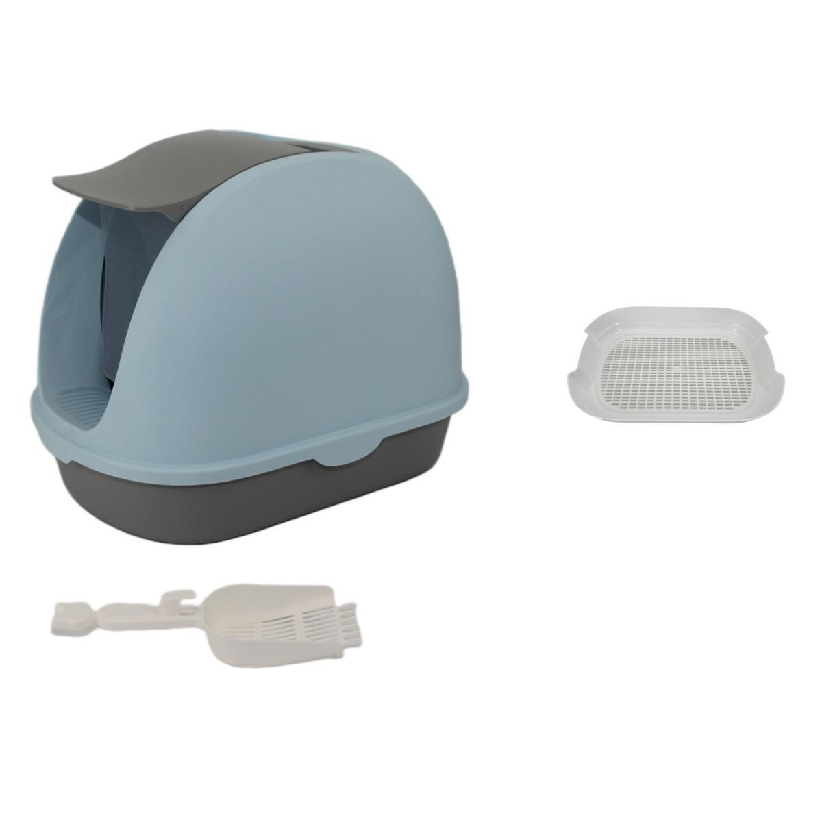 Portable Hooded Cat Toilet Litter Box Tray House with Handle and Scoop Blue