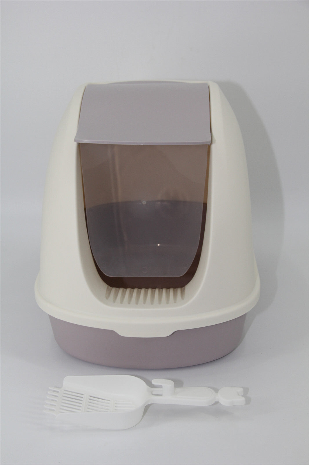 Portable Hooded Cat Toilet Litter Box Tray House with Scoop and Grid Tray White