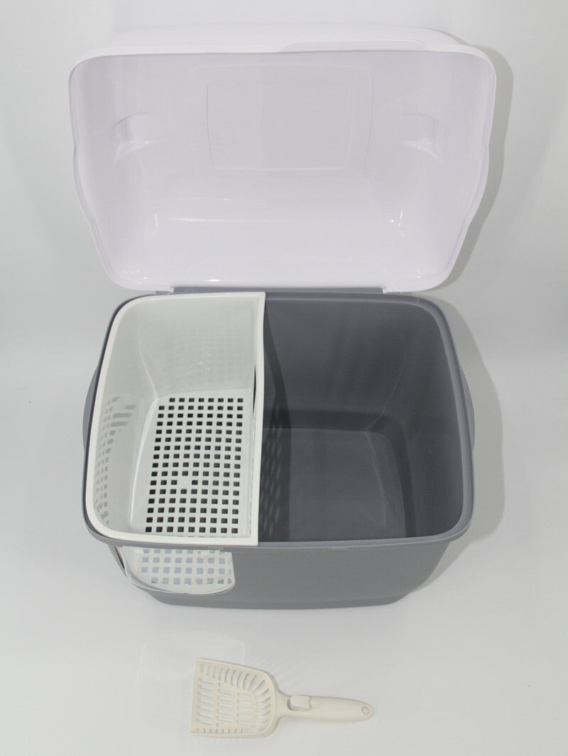 XL Portable Hooded Cat Toilet Litter Box Tray House with Handle and Scoop Grey