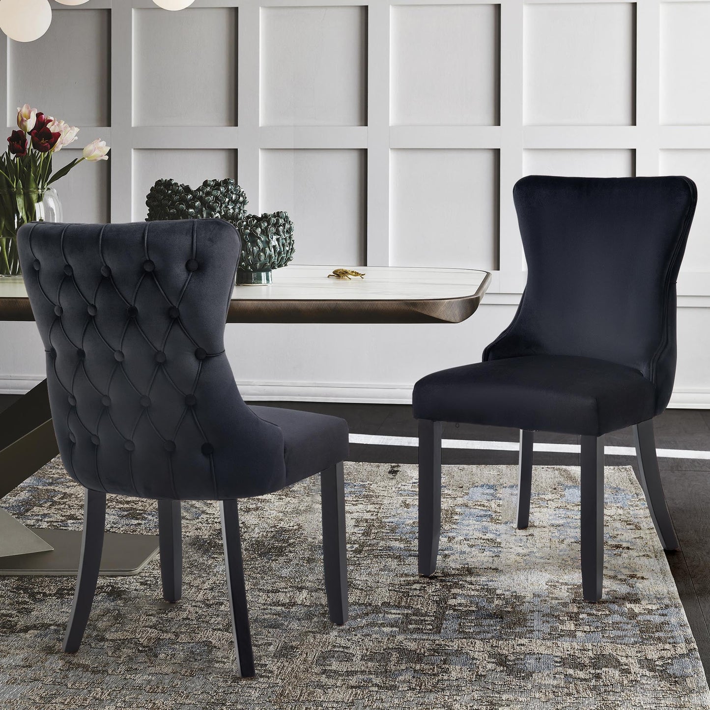 Paris Black Velvet and black Rubberwood Upholstered Dining Chairs Tufted Back -Set of 2