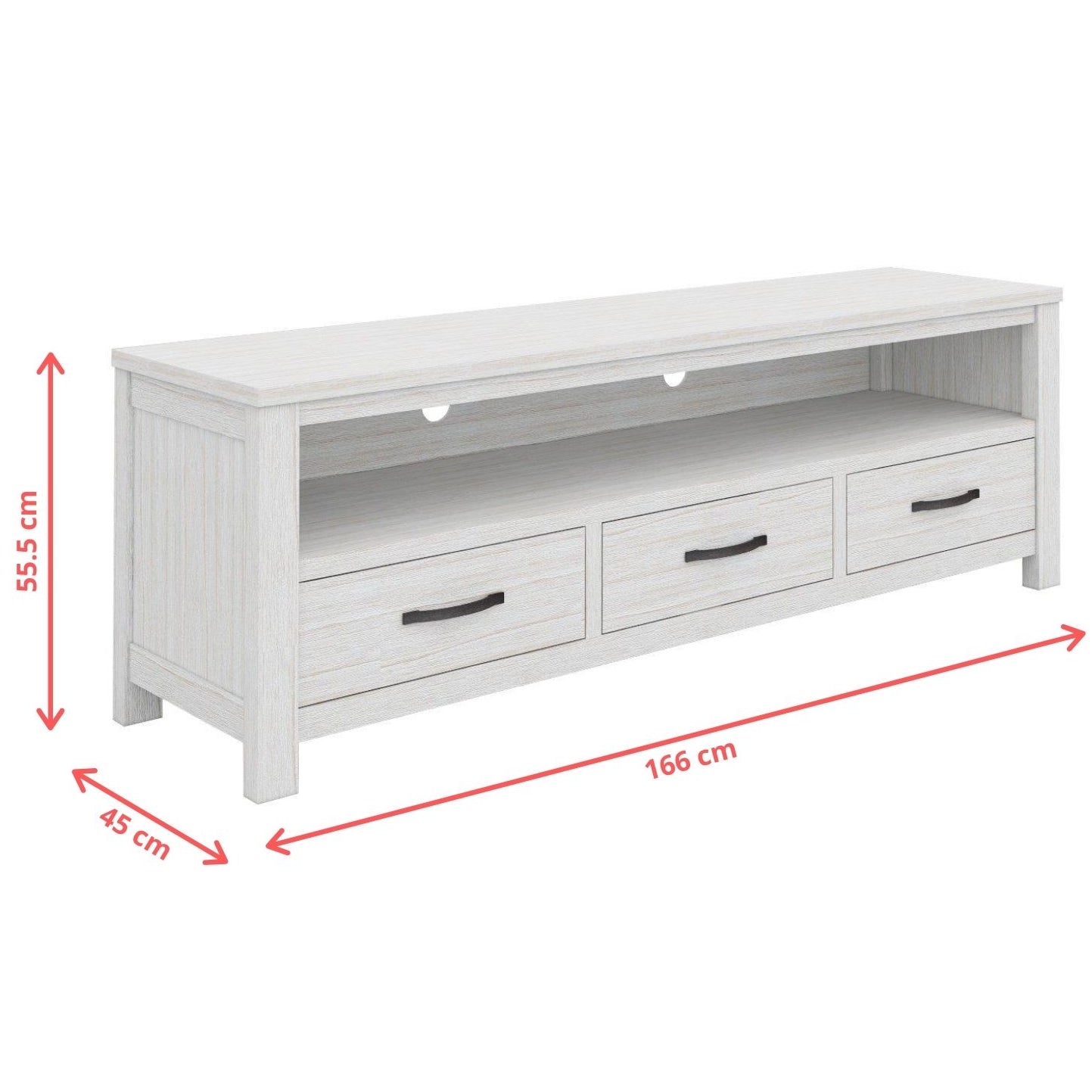 Entertainment TV Unit 166cm 3 Drawer Solid Mt Ash Wood - White