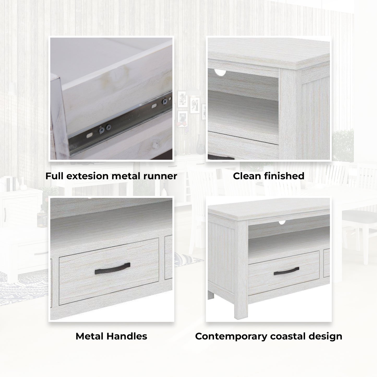 Entertainment TV Unit 166cm 3 Drawer Solid Mt Ash Wood - White