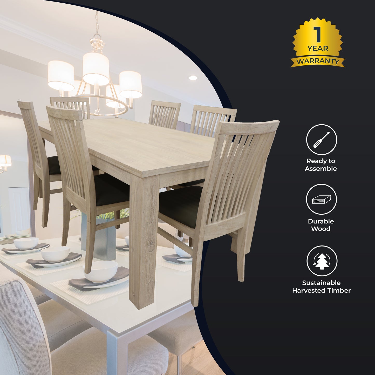 7pc Dining Set 190cm Table 6 PU Seat Chair Solid Mt Ash Wood - White