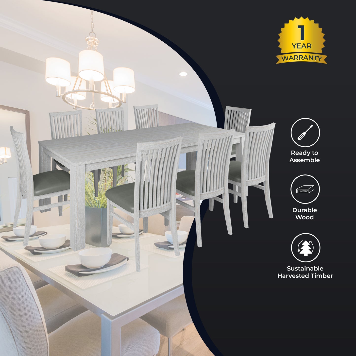 9pc Dining Set 225cm Table 8 PU Seat Chair Solid Mt Ash Wood - White