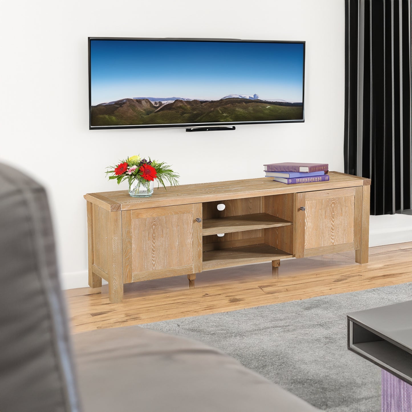 Woodland 180cm Entertainment TV Unit Timber Wood 2 Door Natural