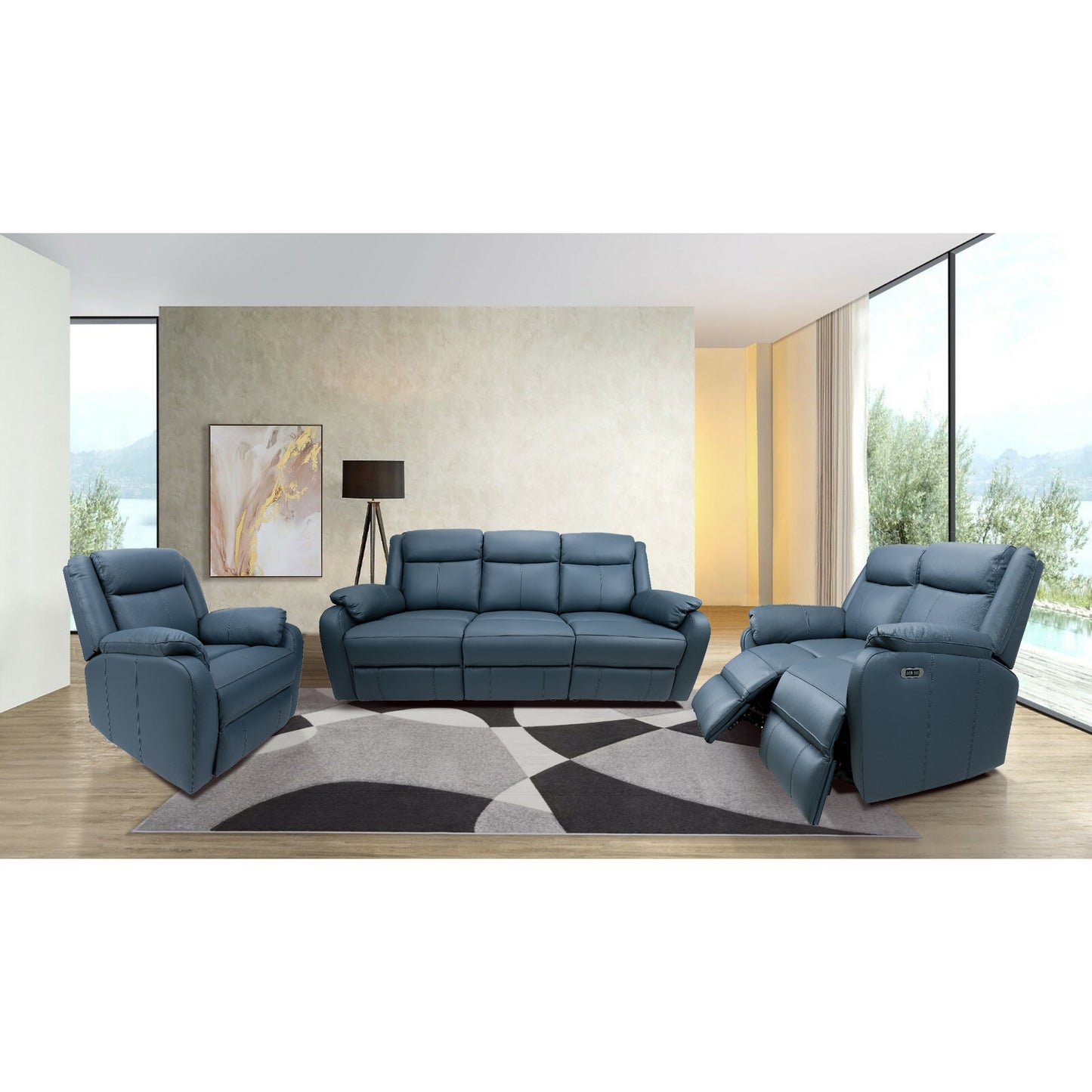 Bella 3+2+1 Seater Electric Recliner Leather Upholstered Lounge - Blue