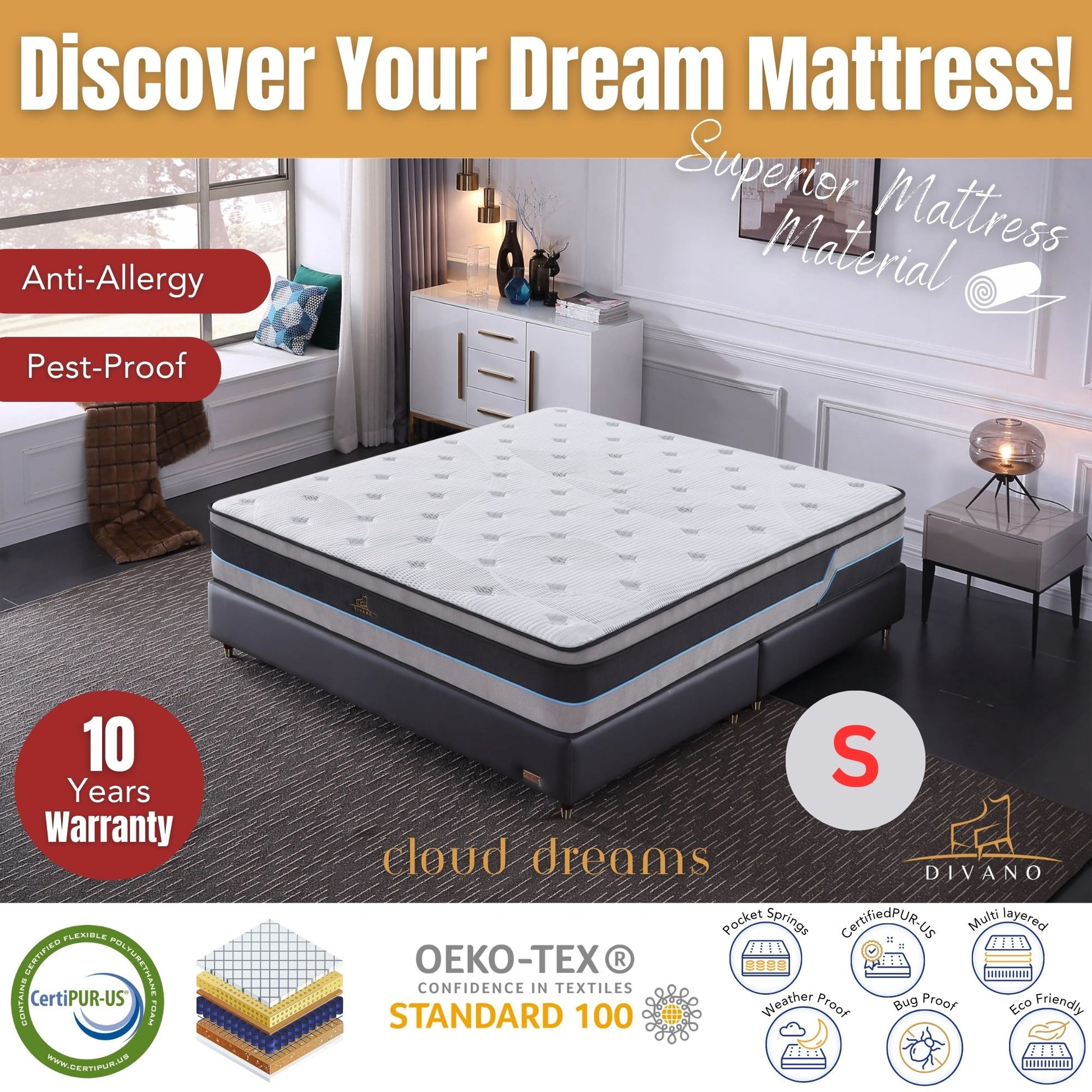 Cloud Dreams Single Size Pocket Spring Luxury Plush Top 28cm Mattress