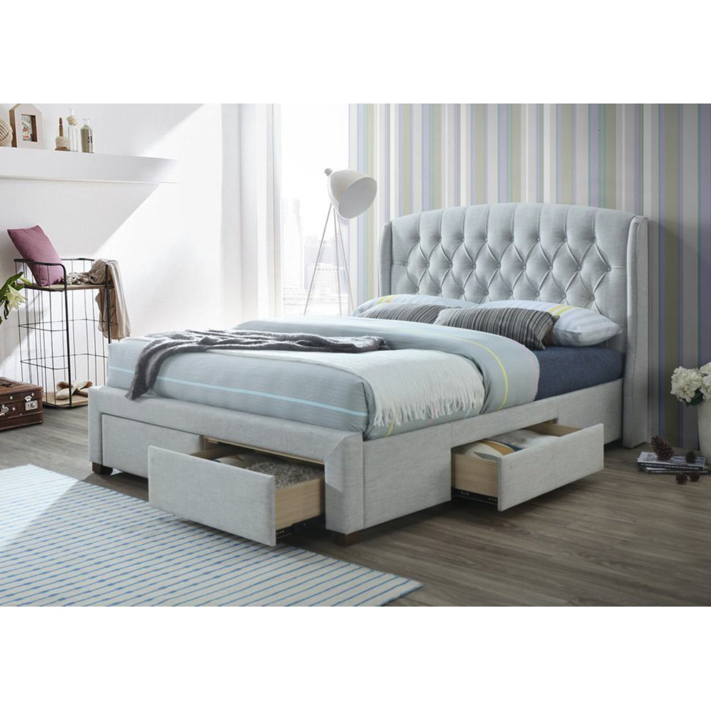 King Size Bed Frame Timber Mattress Base With Storage Drawers - Beige