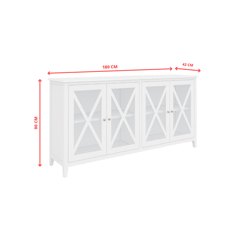 Buffet Table 180cm 4 Glass Door Solid Acacia Wood Hampton Furniture -White