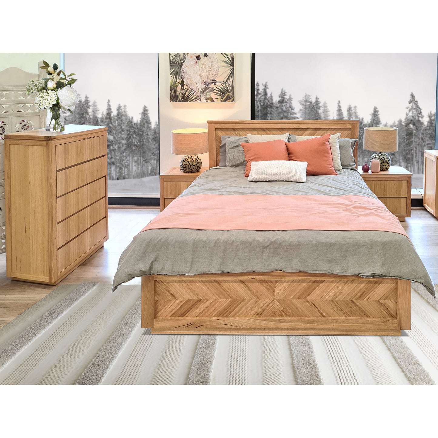 Queen Size Bed Parquet Solid Messmate Timber Wood Frame Mattress Base