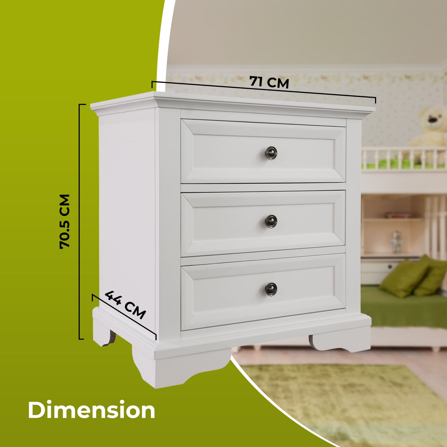 Bedside Table Set of 2pcs - 3 Drawers Storage Cabinet Nightstand - White