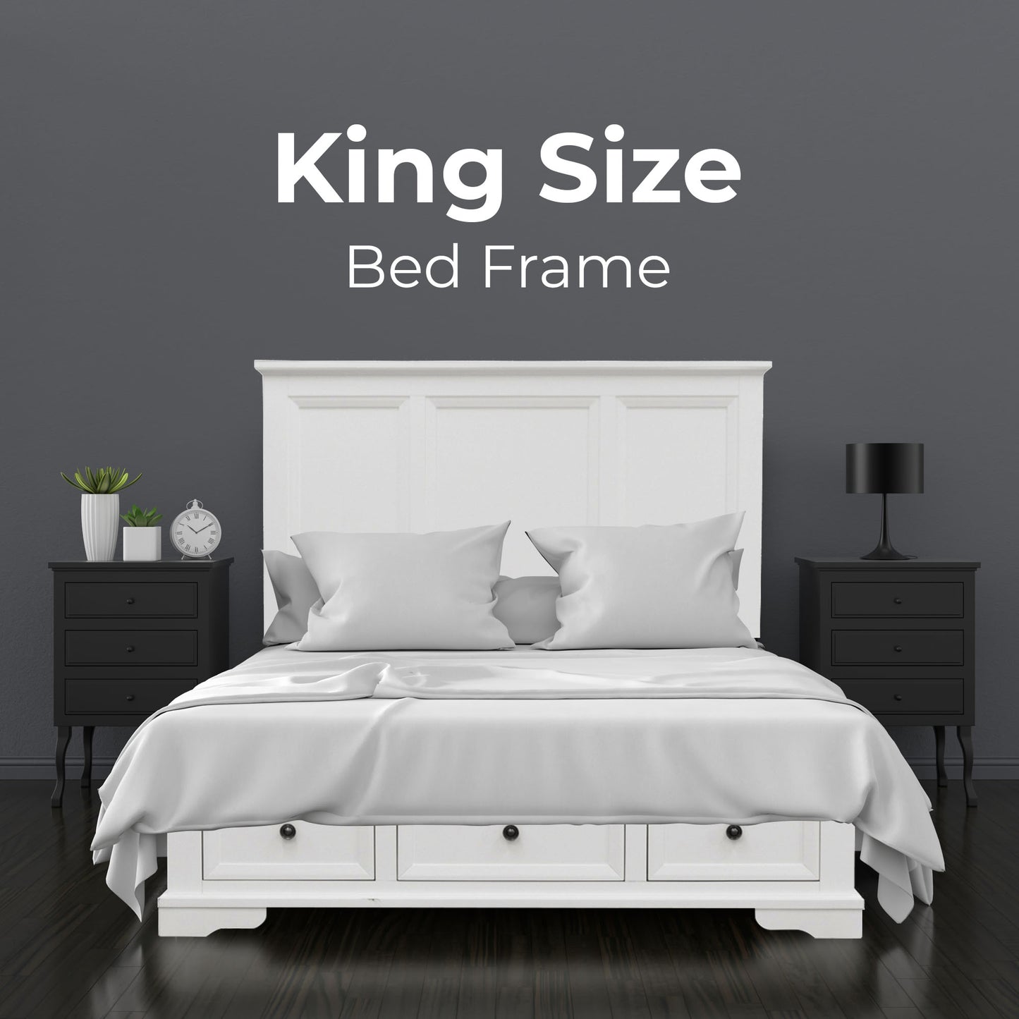 King Size Bed Frame Timber Mattress Base With Storage Drawers - White