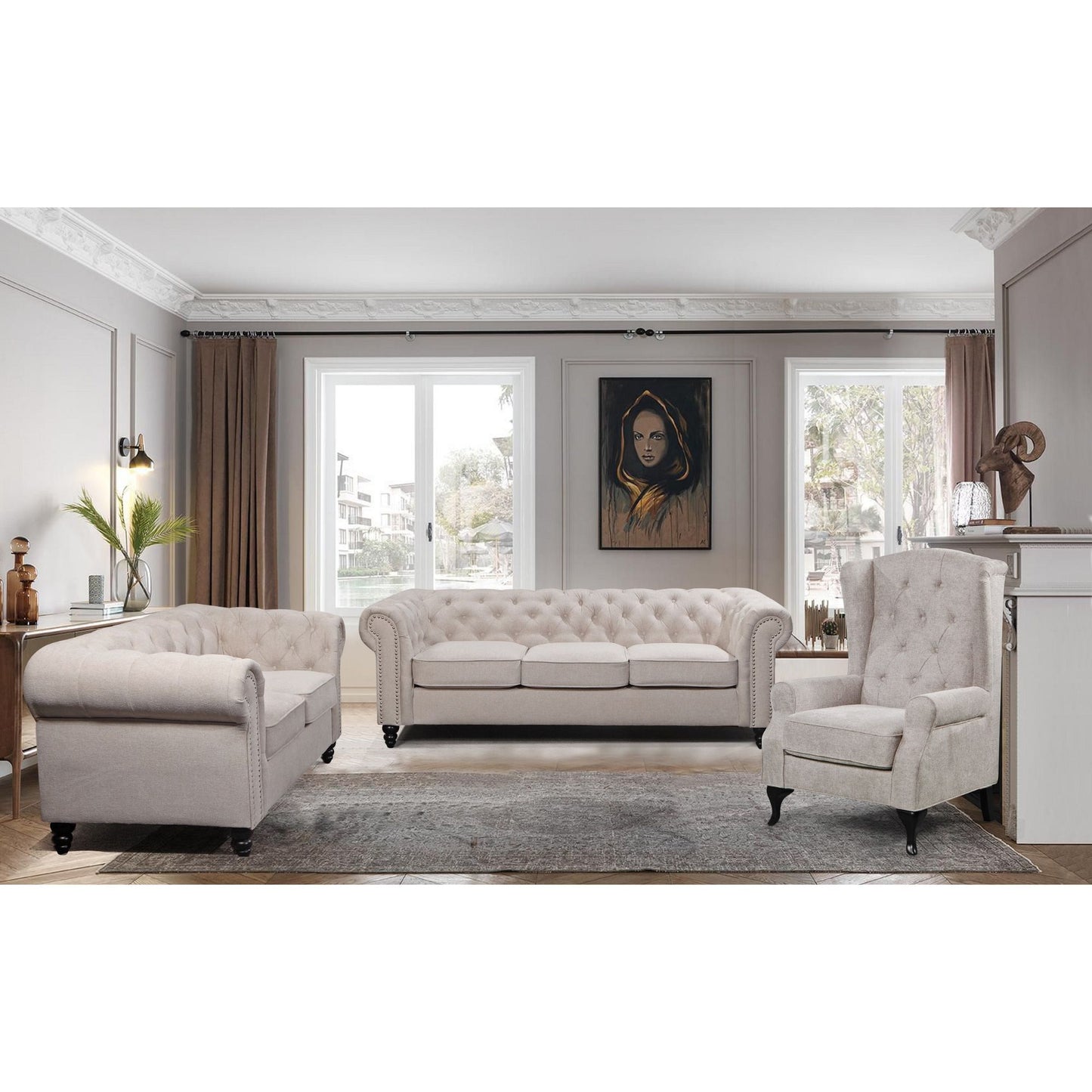 Set of 2 Wing Back Chair Sofa Fabric Chesterfield Armchair  - Beige